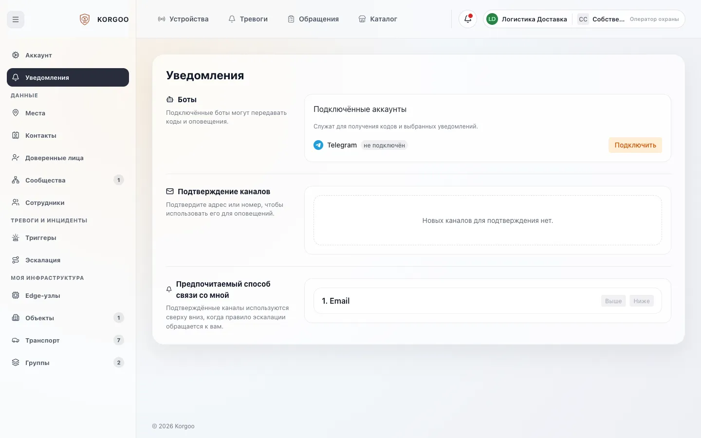 Уведомления: Telegram, подтвержденные каналы и порядок связи.